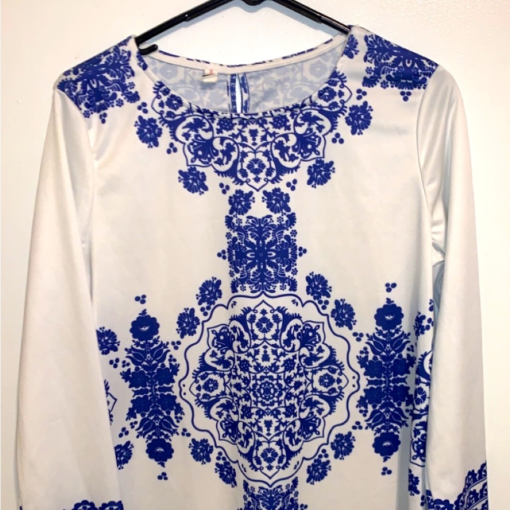 White dress with Blue Design